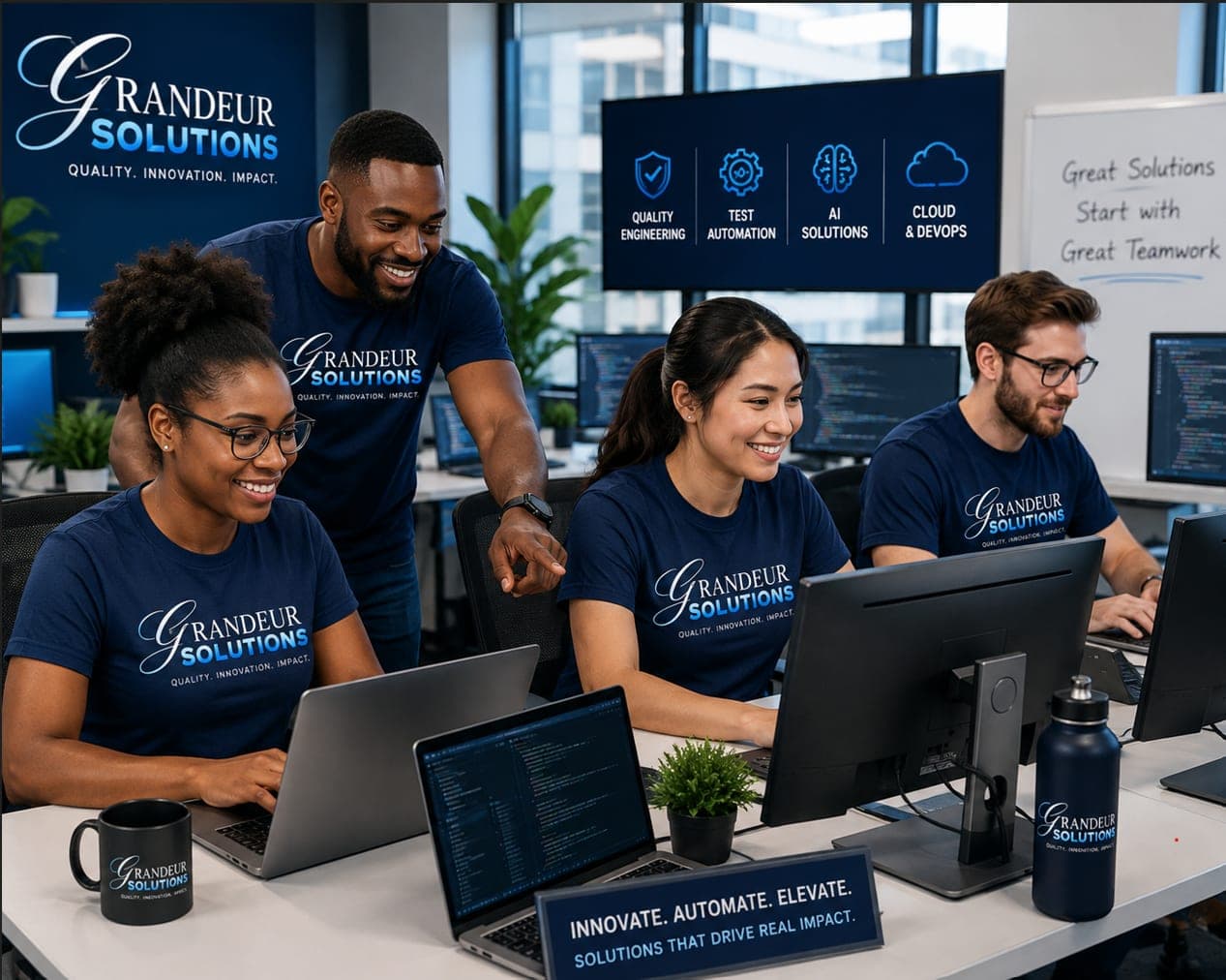 A team of professionals collaborating on laptops around a table in a modern workspace